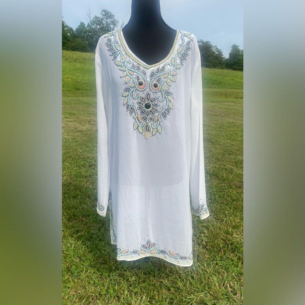 Nouveau Beach Sheer Embellished Beaded Cover Up Top L